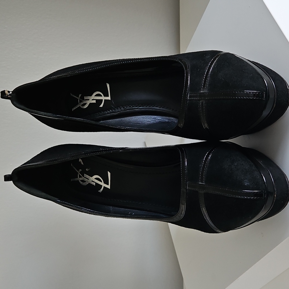 YSL Yves Saint Laurent Black Suede & Patent Leather Platform Heels Size EU 41 - Picture 2 of 8